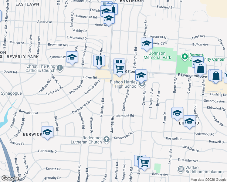 map of restaurants, bars, coffee shops, grocery stores, and more near 1263 South James Road in Columbus