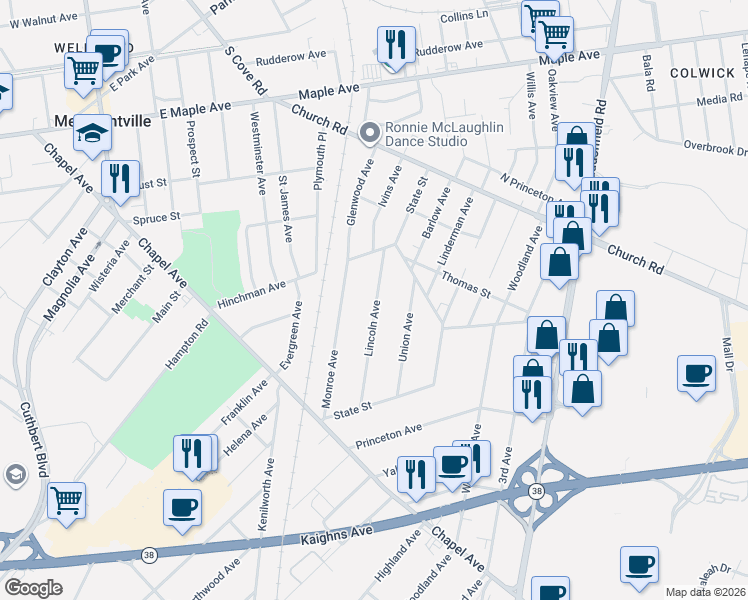 map of restaurants, bars, coffee shops, grocery stores, and more near 332 Lincoln Avenue in Cherry Hill