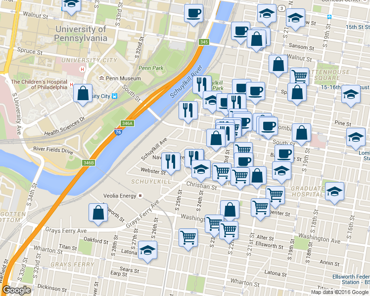 map of restaurants, bars, coffee shops, grocery stores, and more near 600 Admirals Way in Philadelphia