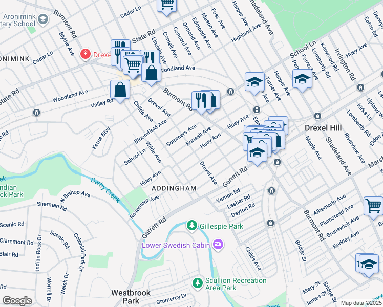 map of restaurants, bars, coffee shops, grocery stores, and more near 4112 Huey Ave in Drexel Hill