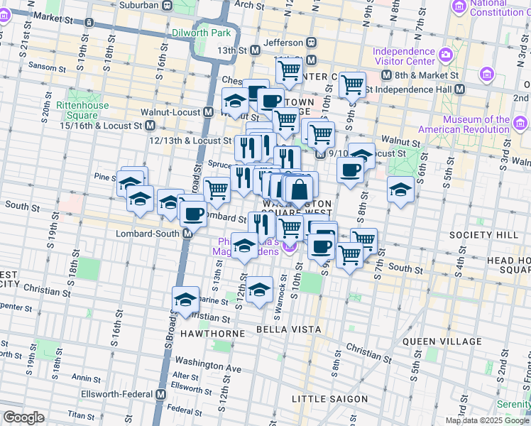 map of restaurants, bars, coffee shops, grocery stores, and more near 412 South Quince Street in Philadelphia