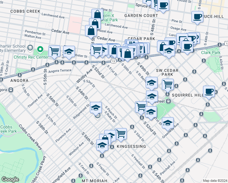 map of restaurants, bars, coffee shops, grocery stores, and more near 1002 South 52nd Street in Philadelphia