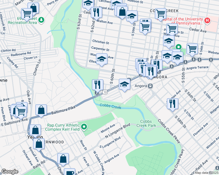 map of restaurants, bars, coffee shops, grocery stores, and more near 1210 S 60th St in Philadelphia
