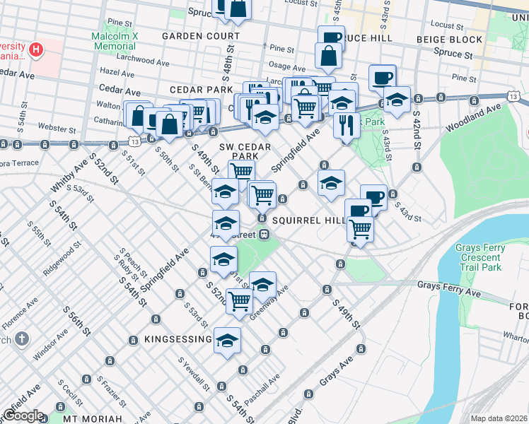 map of restaurants, bars, coffee shops, grocery stores, and more near 4823 Chester Avenue in Philadelphia