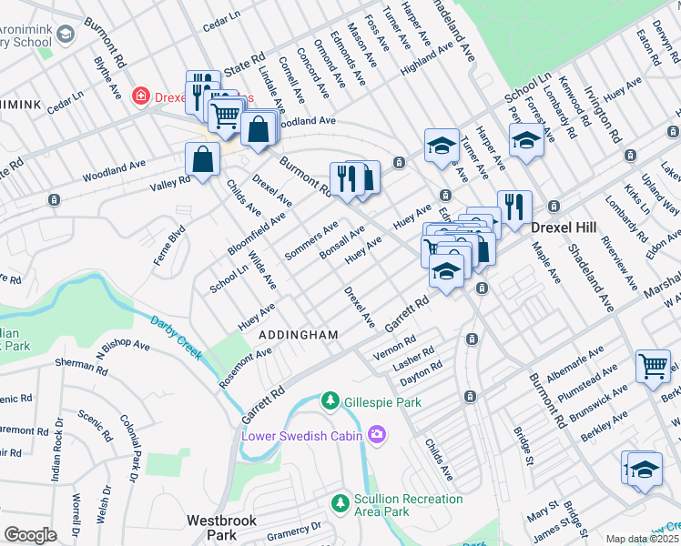 map of restaurants, bars, coffee shops, grocery stores, and more near 503 Drexel Avenue in Drexel Hill