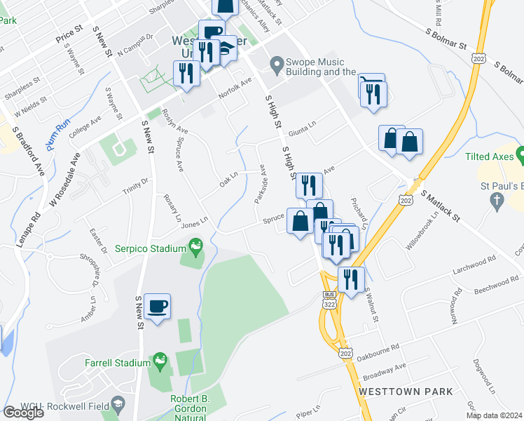 map of restaurants, bars, coffee shops, grocery stores, and more near 853 Parkside Avenue in West Chester