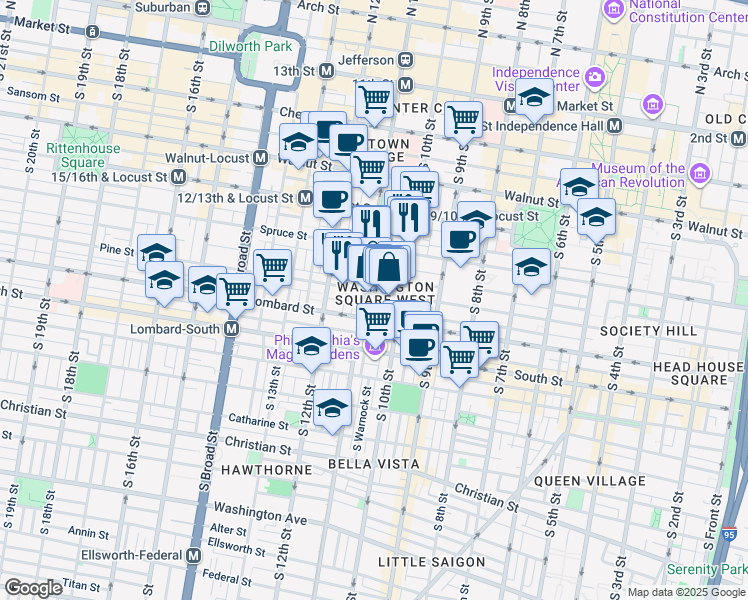 map of restaurants, bars, coffee shops, grocery stores, and more near 1026 Pine Street in Philadelphia