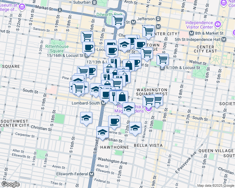 map of restaurants, bars, coffee shops, grocery stores, and more near 1311 Lombard Street in Philadelphia