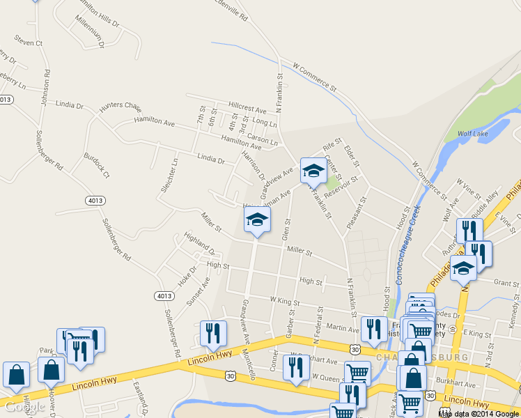 map of restaurants, bars, coffee shops, grocery stores, and more near 407 Grandview Avenue in Chambersburg