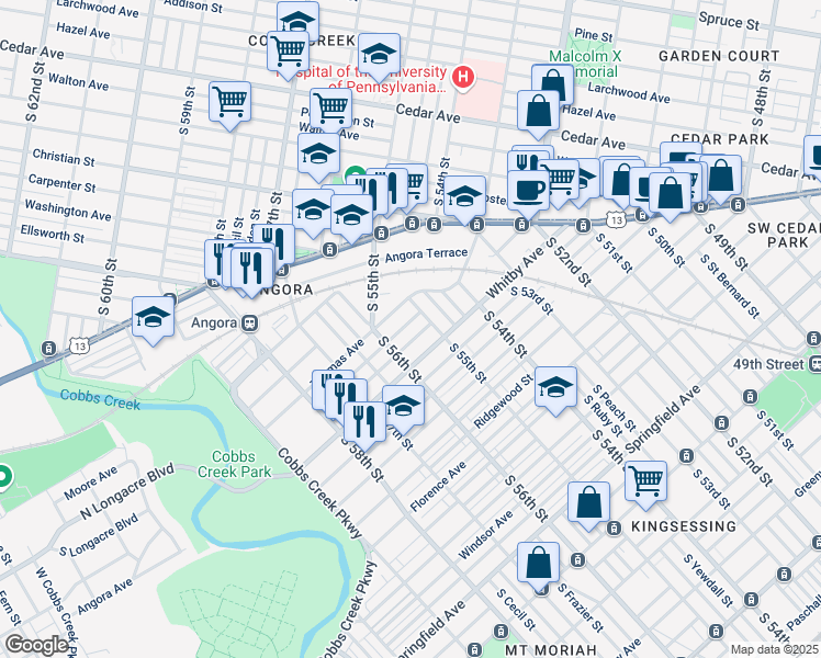 map of restaurants, bars, coffee shops, grocery stores, and more near 5526 Elliott Street in Philadelphia
