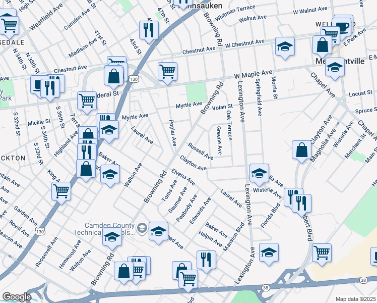 map of restaurants, bars, coffee shops, grocery stores, and more near 4817 Caroline Avenue in Pennsauken