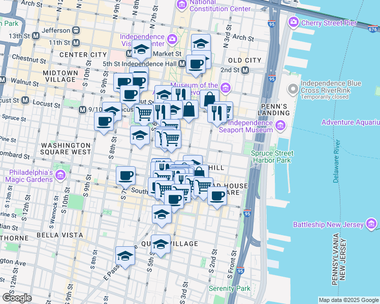 map of restaurants, bars, coffee shops, grocery stores, and more near in Philadelphia