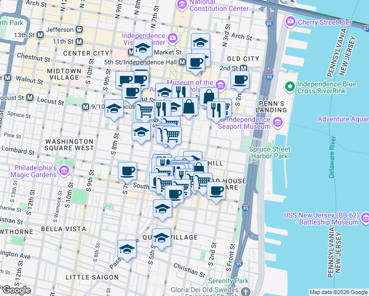 map of restaurants, bars, coffee shops, grocery stores, and more near in Philadelphia