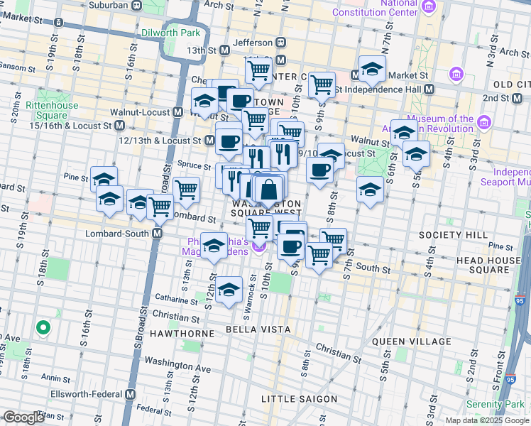 map of restaurants, bars, coffee shops, grocery stores, and more near 1018 Pine Street in Philadelphia
