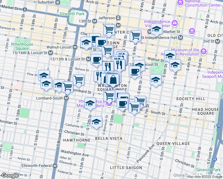 map of restaurants, bars, coffee shops, grocery stores, and more near in Philadelphia