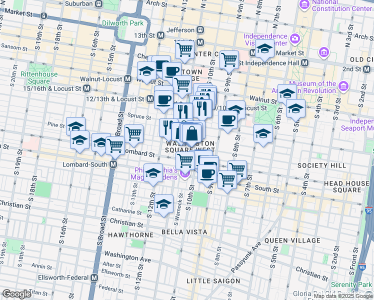 map of restaurants, bars, coffee shops, grocery stores, and more near in Philadelphia