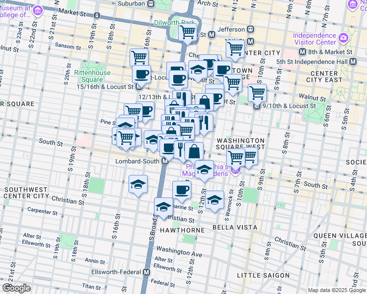 map of restaurants, bars, coffee shops, grocery stores, and more near 1310 Waverly Street in Philadelphia