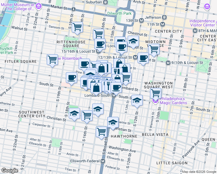 map of restaurants, bars, coffee shops, grocery stores, and more near 1431 Lombard Street in Philadelphia