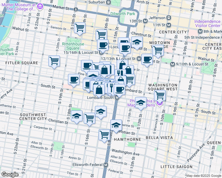 map of restaurants, bars, coffee shops, grocery stores, and more near 1431 Lombard Street in Philadelphia