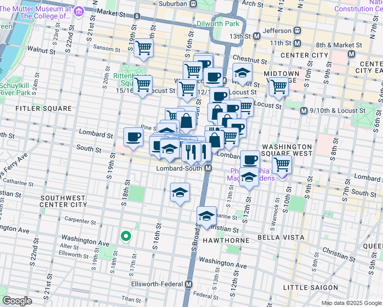 map of restaurants, bars, coffee shops, grocery stores, and more near 1431 Lombard Street in Philadelphia