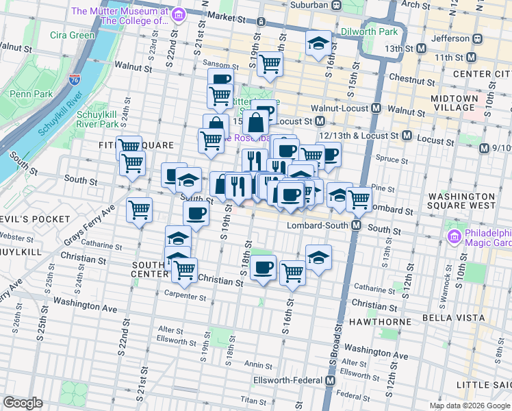 map of restaurants, bars, coffee shops, grocery stores, and more near 1800 Lombard Street in Philadelphia
