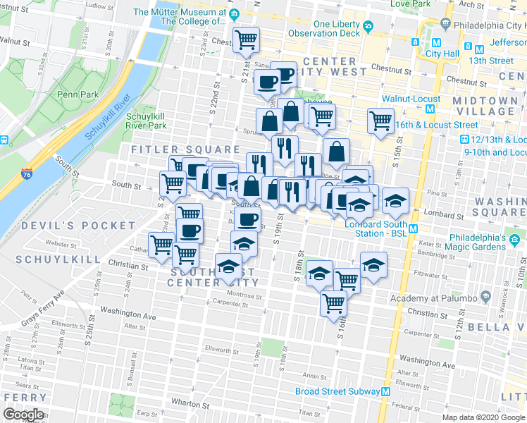 map of restaurants, bars, coffee shops, grocery stores, and more near in Philadelphia