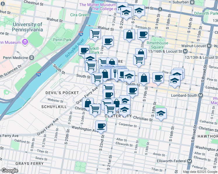 map of restaurants, bars, coffee shops, grocery stores, and more near in Philadelphia