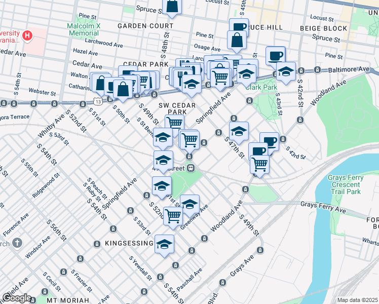 map of restaurants, bars, coffee shops, grocery stores, and more near 4823 Chester Avenue in Philadelphia