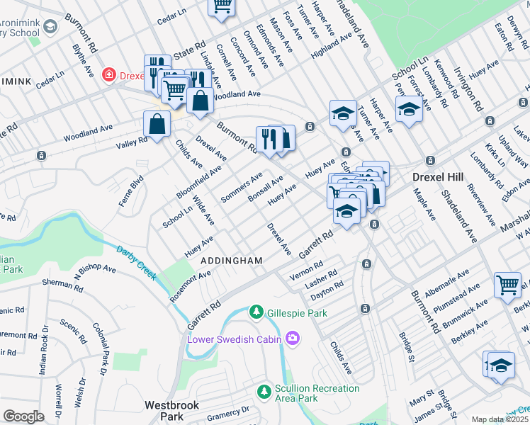 map of restaurants, bars, coffee shops, grocery stores, and more near 503 Drexel Avenue in Drexel Hill