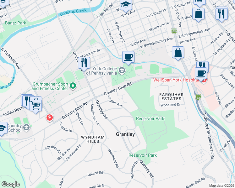 map of restaurants, bars, coffee shops, grocery stores, and more near 458 Country Club Road in York