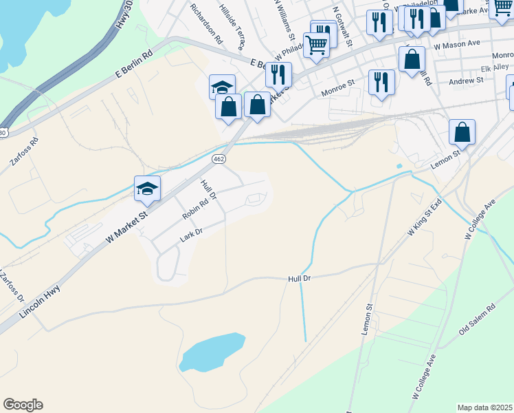 map of restaurants, bars, coffee shops, grocery stores, and more near 10 Lark Circle in York