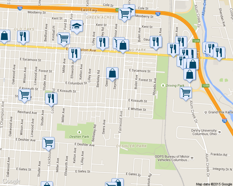map of restaurants, bars, coffee shops, grocery stores, and more near 1073 Fairwood Avenue in Columbus