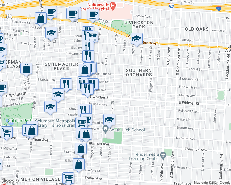 map of restaurants, bars, coffee shops, grocery stores, and more near 690 Stanley Avenue in Columbus