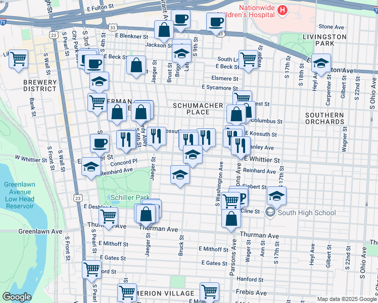 map of restaurants, bars, coffee shops, grocery stores, and more near 891 Bruck Street in Columbus