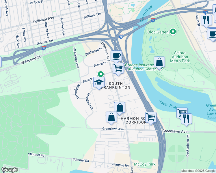 map of restaurants, bars, coffee shops, grocery stores, and more near 735 Harmon Avenue in Columbus