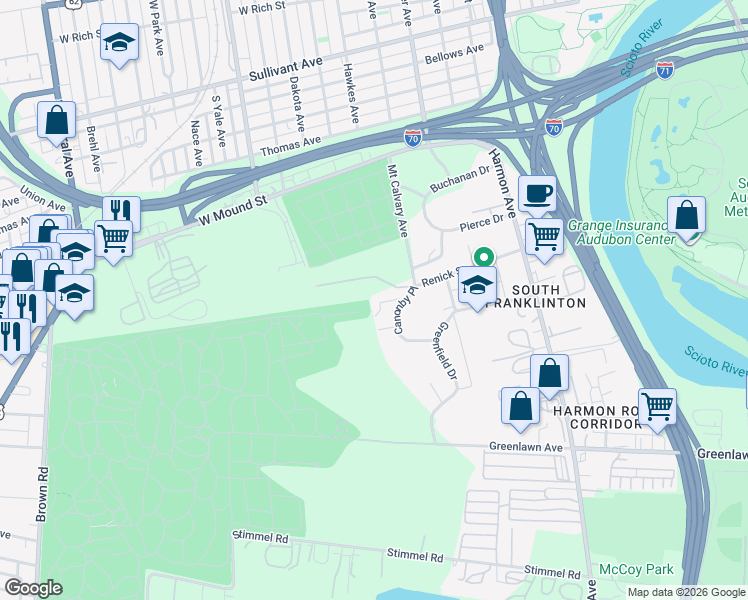 map of restaurants, bars, coffee shops, grocery stores, and more near 749 Canonby Place in Columbus