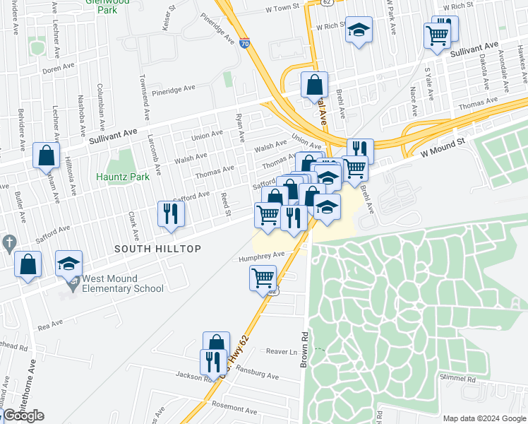 map of restaurants, bars, coffee shops, grocery stores, and more near 1550 West Mound Street in Columbus
