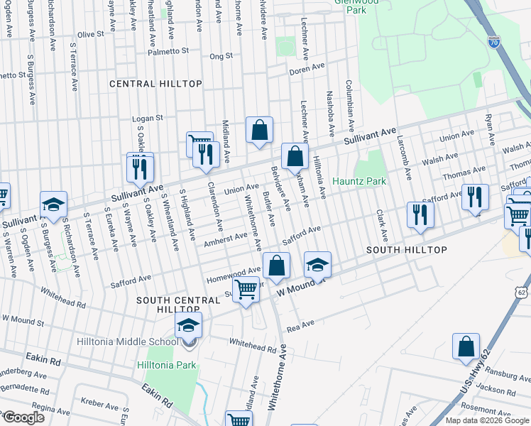map of restaurants, bars, coffee shops, grocery stores, and more near 523 Butler Avenue in Columbus