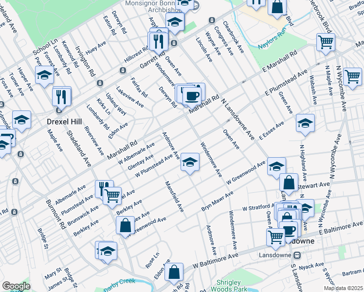 map of restaurants, bars, coffee shops, grocery stores, and more near 115 West Plumstead Avenue in Lansdowne