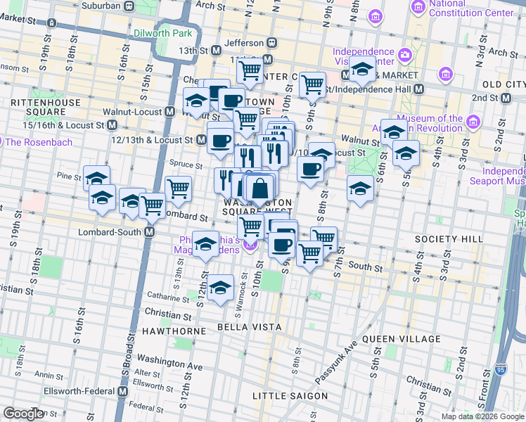 map of restaurants, bars, coffee shops, grocery stores, and more near in Philadelphia
