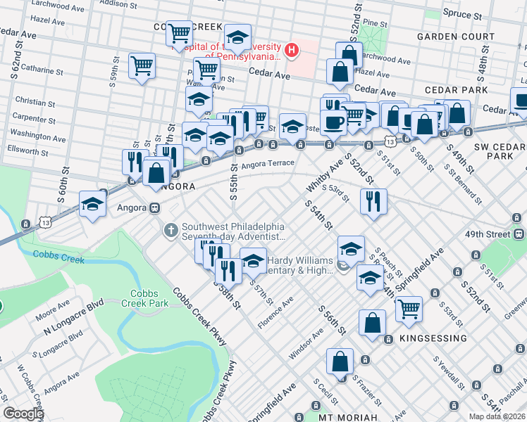 map of restaurants, bars, coffee shops, grocery stores, and more near 5516 Thomas Avenue in Philadelphia