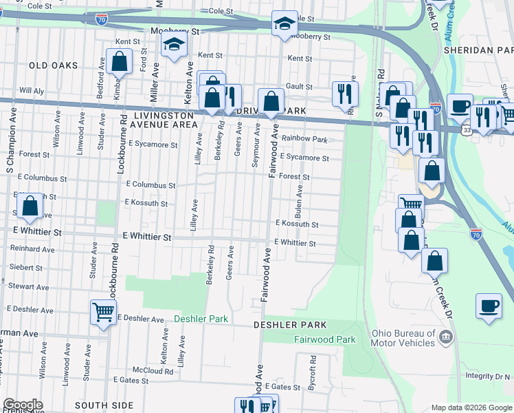 map of restaurants, bars, coffee shops, grocery stores, and more near 1073 Fairwood Avenue in Columbus