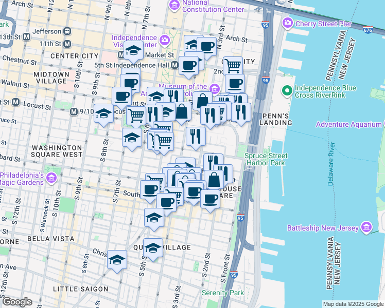 map of restaurants, bars, coffee shops, grocery stores, and more near 314 Delancey Street in Philadelphia