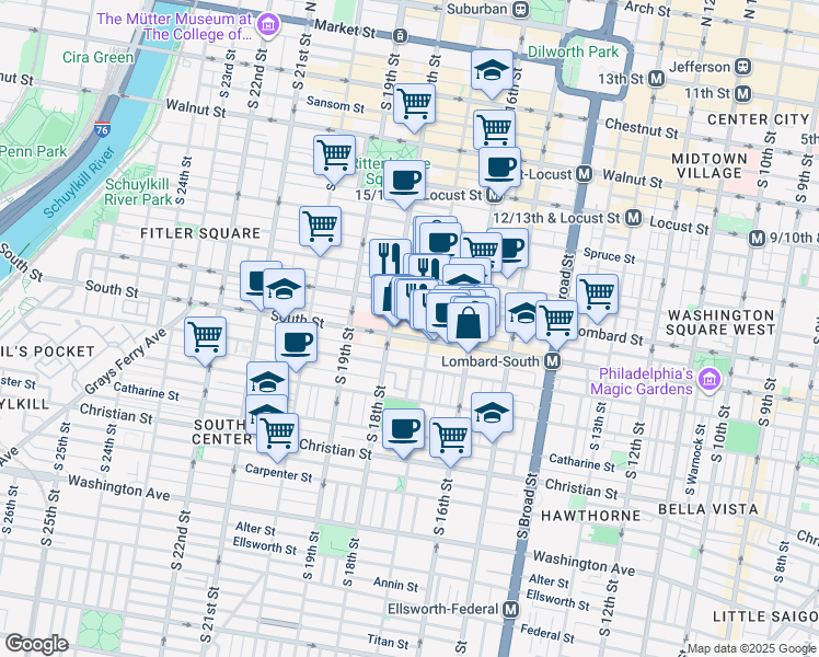 map of restaurants, bars, coffee shops, grocery stores, and more near 1722 Rodman Street in Philadelphia