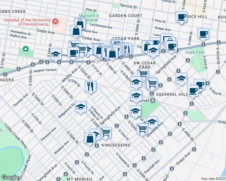 map of restaurants, bars, coffee shops, grocery stores, and more near 5111 Warrington Avenue in Philadelphia