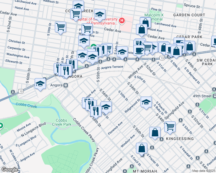 map of restaurants, bars, coffee shops, grocery stores, and more near 5526 Elliott Street in Philadelphia