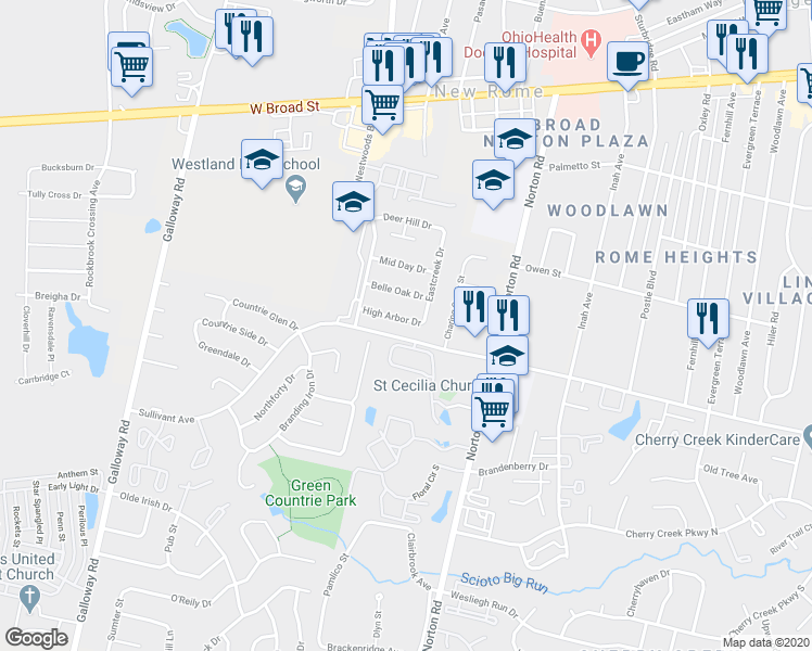 map of restaurants, bars, coffee shops, grocery stores, and more near 5569 High Arbor Drive in Galloway