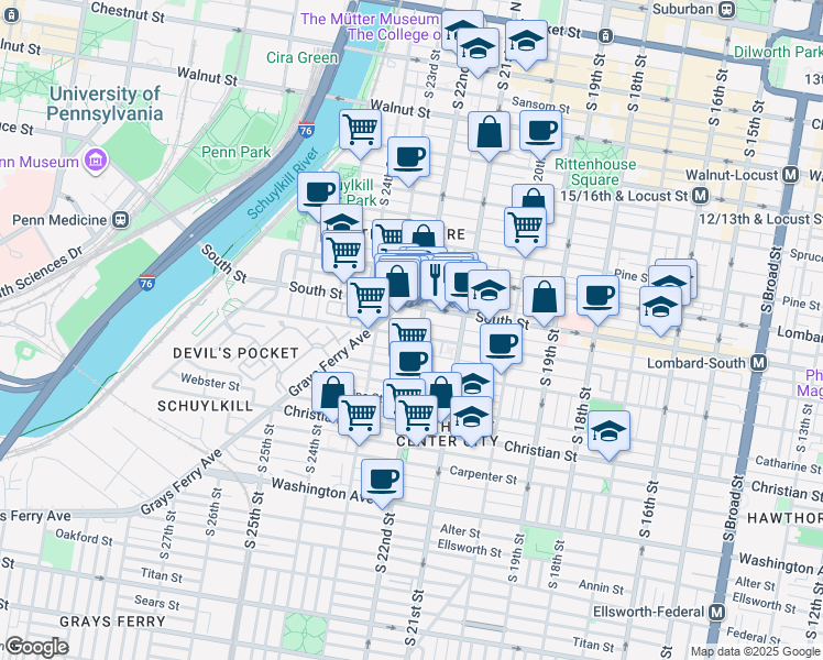 map of restaurants, bars, coffee shops, grocery stores, and more near in Philadelphia