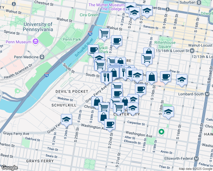 map of restaurants, bars, coffee shops, grocery stores, and more near Grays Ferry Ave & Bainbridge St in Philadelphia