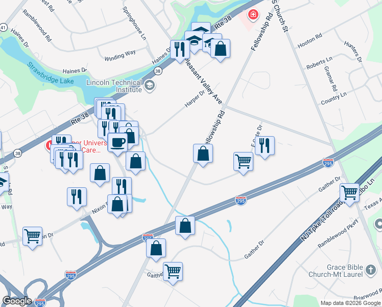 map of restaurants, bars, coffee shops, grocery stores, and more near 309 Fellowship Road in Mount Laurel